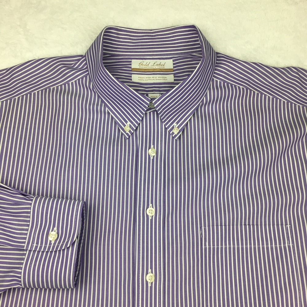 Roundtree & Yorke Gold Label Dress Shirt Mens 18-36 Purple/White Stripes No Iron